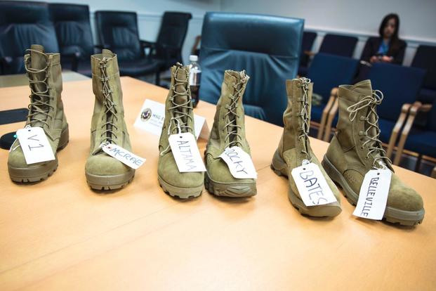 Officials plan to test five designs of the Jungle Combat Boot Version 2. The designs, by Altama, Bates, Bellville, Mcrae, and Rocky, sit beside the original Jungle Combat Boot, left. (Image: PEO Soldier)