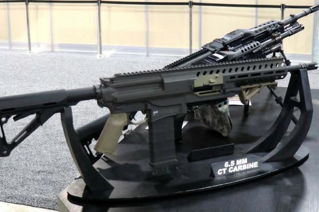 Textron Systems Intermediate Case-Telescoped Carbine, chambered for 6.5mm on display at AUSA 2018. (Matt Cox/Military.com)