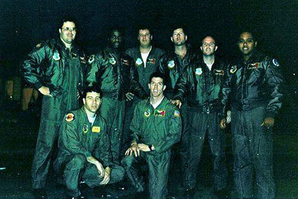 U.S. Air Force aircrew members gather for a photo at Barksdale Air Force Base, Louisiana, before the mission that fired the opening shots of Desert Storm. (Defense Department)