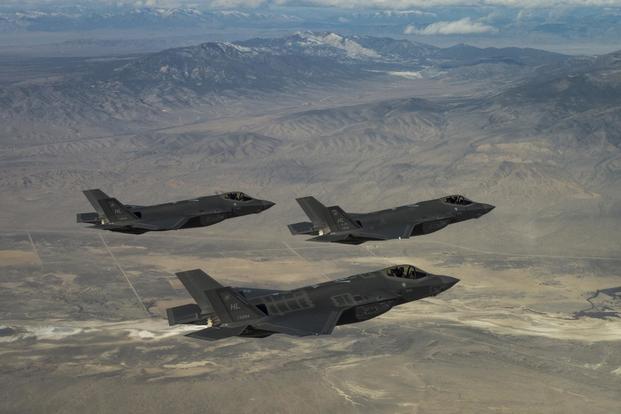 Three U.S. Air Force F-35A Lightning IIs, assigned to the 4th Fighter Squadron from Hill Air Force Base, Utah, conduct flight training operations over the Utah Test and Training Range on Feb 14, 2018. (U.S. Air Force/Staff Sgt. Andrew Lee)
