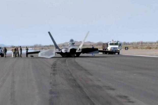 Photos of the accident on social media showed a potential engine flameout, which caused the F-22 Raptor to skid. (Photo courtesy of Air Force amn/nco/snco Facebook page)