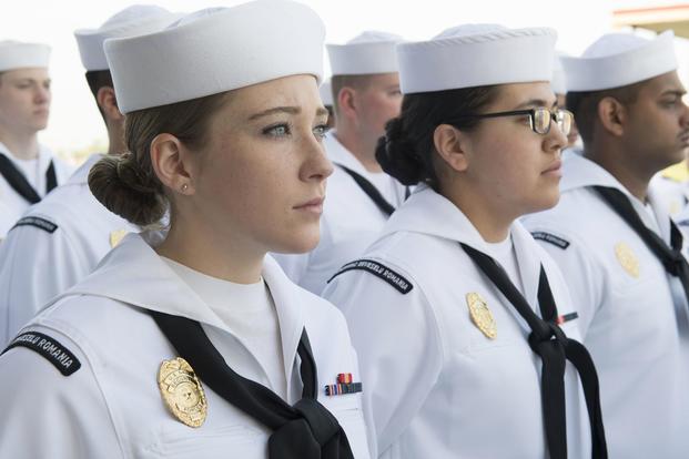Sailors at Naval Support Facility Deveselu, Romania, stand in formation for a dress white uniform inspection May 1, 2018 (U.S. Navy/Mass Communication Specialist 1st Class Jeremy Starr)