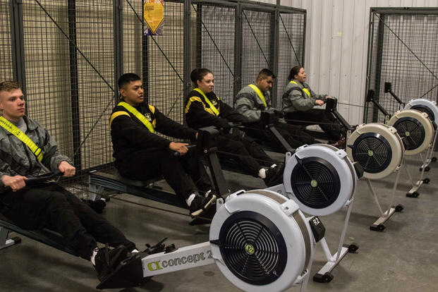 Soldiers from the 17th Field Artillery Brigade, use rower machines for a low impact cardio workout, Joint Base Lewis-McChord, Wash., Feb. 22, 2017.  (U.S. Army/Pete Mrvos)