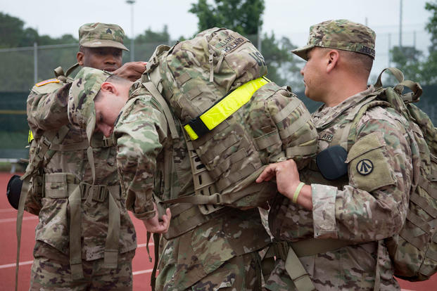 U.S. Soldiers adjust a rucksack during the Third Annual Chief Master Sgt. of the Air Force Paul Airey Memorial Ruck/March/Run, on Ramstein Air Base, Germany, June 1, 2018.  (U.S. Air Force/Elizabeth Baker)