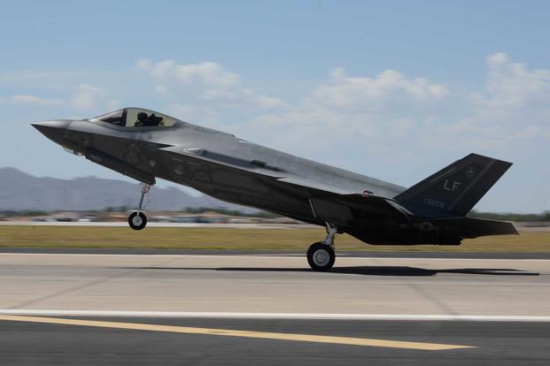 A U.S. Air Force F-35A Lightning II lands at Luke Air Force Base, Ariz., on July 25, 2018. The mission at the 56th Fighter Wing is to train the world’s greatest fighter pilots and combat ready Airmen. (U.S. Air Force photo by Staff Sgt. Franklin R. Ramos)