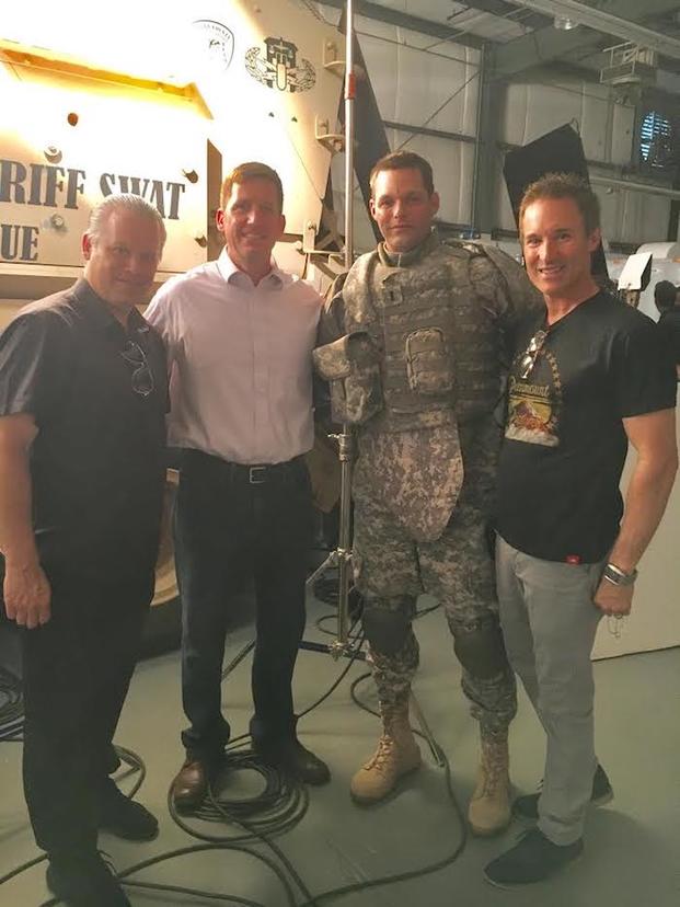 On set of "Indivisible": (L to R) David Evans (director), Chaplain Darren Turner, Justin Bruening (Darren Turner), Darren Moormana (producer). (Photo credit: Sarah Drew)