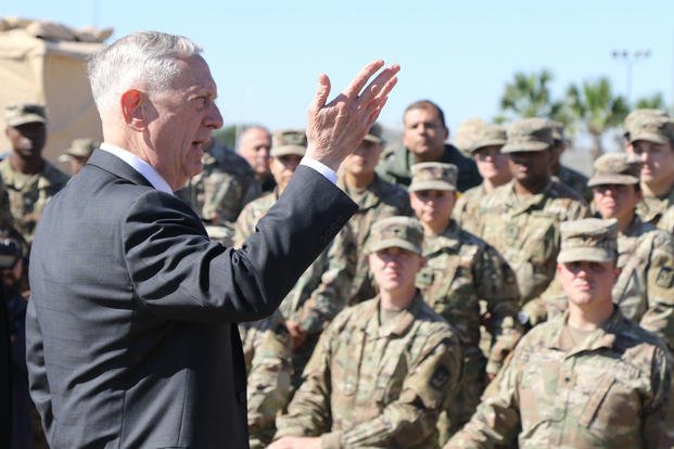 James Mattis, U.S. Secretary of Defense, speaks with troops from the 56th Multifunctional Medical Battalion, 62nd Medical Brigade on Nov. 14, 2018 at Base Camp Donna, Texas. Mattis answered questions from soldiers at the base camp in support of the Southwest border mission. (U.S. Army photo/Jacob Caldwell)