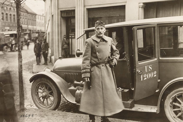 Army Maj. Gen. Clement Alexander Finley Flagler, commander of the 42nd Division, arrives at the command post of the 167th Infantry Regiment in Sinzig, Germany, during the division’s march to the Rhine for occupation duties, Dec. 18, 1918. (U.S. Army Signal Corps photo)