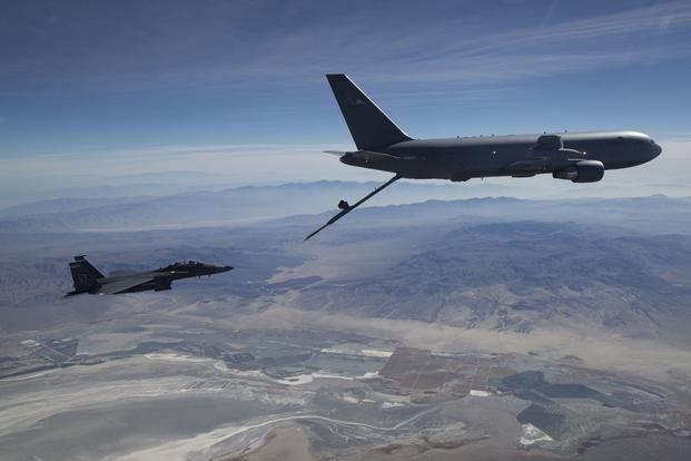 A KC-46A Pegasus aerial refueling aircraft connects with an F-15 Strike Eagle test aircraft from Eglin Air Force Base, Florida, on Oct. 29th, 2018. (U.S. Air Force/Master Sgt Michael Jackson).