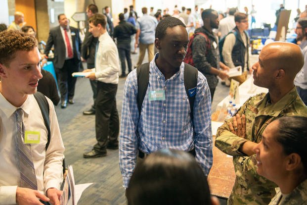 Members of the Massachusetts Air National Guard’s 102nd Intelligence Wing attended the Business, Engineering & Technologies Job and Internship Fair at the University of Massachusetts Dartmouth. (Air National Guard/Thomas Swanson)