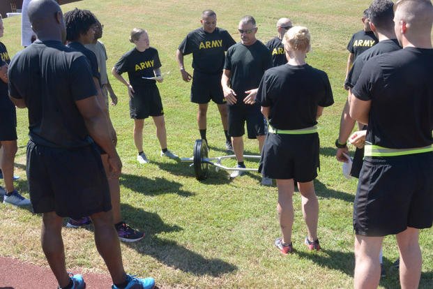 North Carolina National Guard Fitness Manager Bobby Wheeler explain the proper lifting technique of the ACFT deadlift event to the students of the Master Fitness Trainers Level II Certification Course, September 25, 2019, at Joint Forces Headquarters in Raleigh, North Carolina. (U.S. Army/Spc. Alonzo Clark)