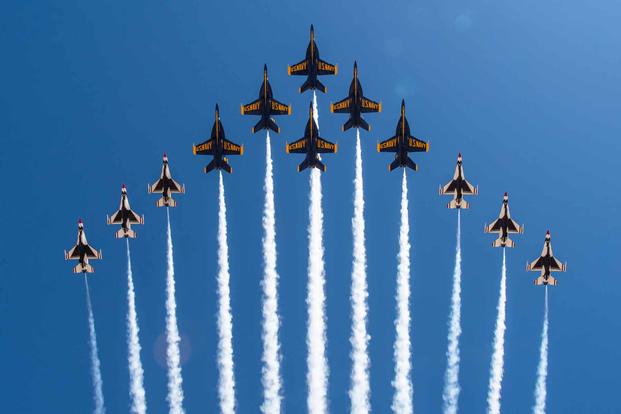 The Thunderbirds and the Blue Angels debut flight formation "Super Delta."