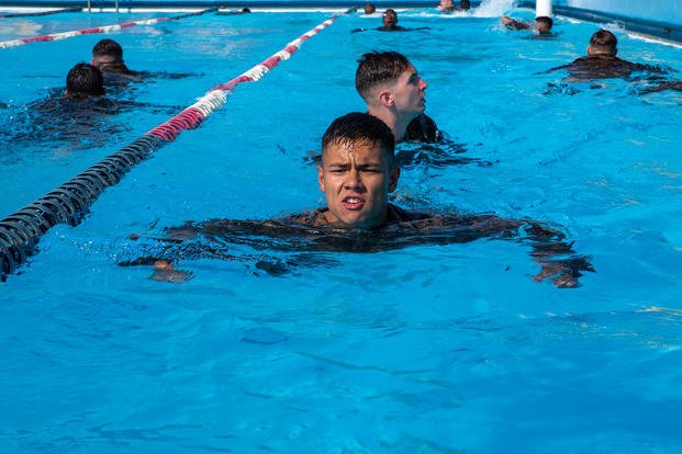 A Marine participates in a 200-meter swim event during the Lander Trials on Camp Foster, Okinawa, Japan.