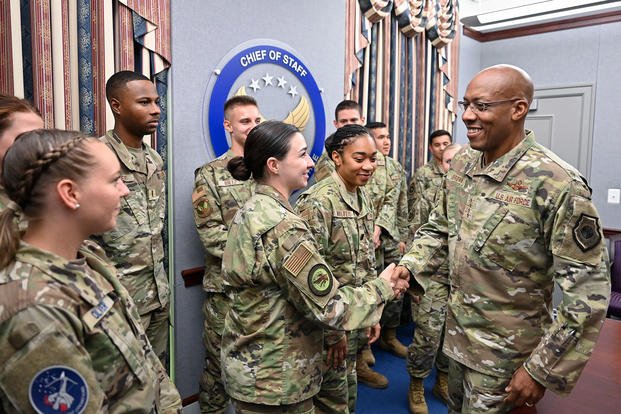 Air Force Chief of Staff Gen. CQ Brown, Jr. greets Air Force and Space Force ROTC cadets.