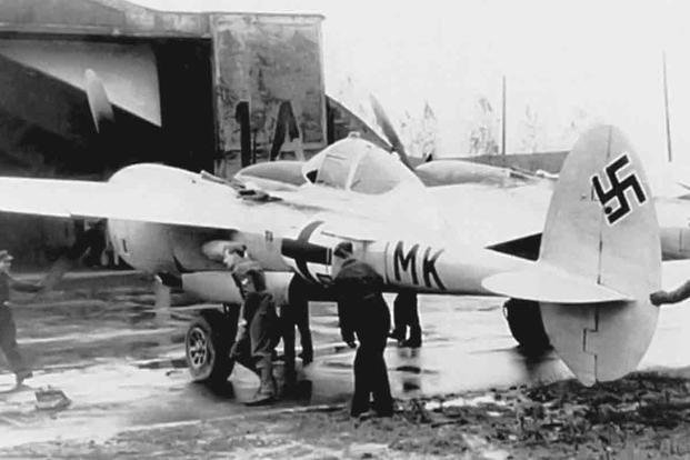 The modified P-38 Lighting, known as a P-5E for photo reconnaissance, stolen by Martin J. Monti and repainted by the Nazi German Luftwaffe.