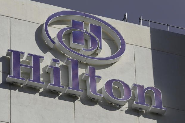 This Oct. 18, 2019, photo shows a Hilton sign in Salt Lake City.
