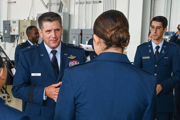 U.S. Air Force Brig. Gen. Christopher Amrhein, 19th Air Force commander, speaks to Air Force Reserve Officers’ Training Corps (ROTC) cadets during the University of Texas at San Antonio, Detachment 842, commissioning ceremony at Joint Base San Antonio-Lackland, Texas. 
