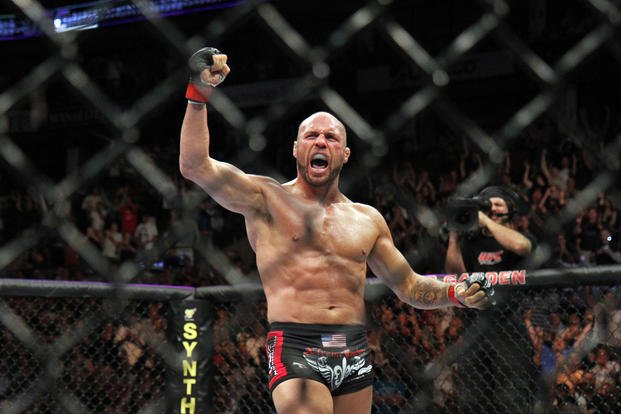 Randy Couture celebrates his win against James Toney during their UFC fight at the TD Garden in Boston. 