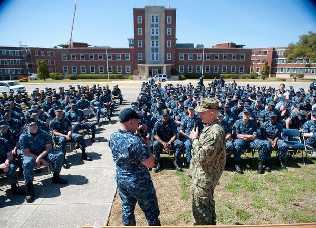 Master Chief Petty Officer of the Navy (MCPON) Mike Stevens speaks with Sailors during an all-hands call at Naval Hospital Beaufort. 