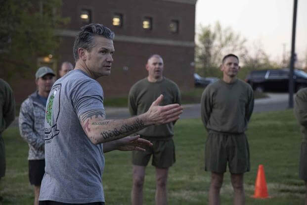 U.S. Marine Corps Sgt. Maj. Carlos A. Ruiz, the sergeant major of the Marine Corps, and Secretary of Defense Pete Hegseth participate in events leading up to the reenlistment ceremony of Medal of Honor recipient Sgt. Dakota Meyer, Arlington, Va., April 17, 2025. (U.S. Marine Corps photo by GySgt Jordan E. Gilbert) Secretary of Defense Pete Hegseth