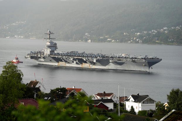 FILE - The American aircraft carrier USS Gerald R. Ford, on its way into the Oslofjord, at Drobak in Norway, Sept. 12, 2025. (Lise Aaserud/NTB Scanpix via AP, File) Trump Cartels Aircraft Carrier