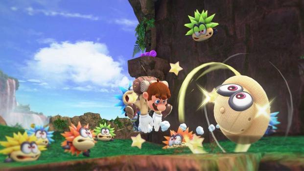 Mario defeating some enemies with Cappy - Super Mario Odyssey