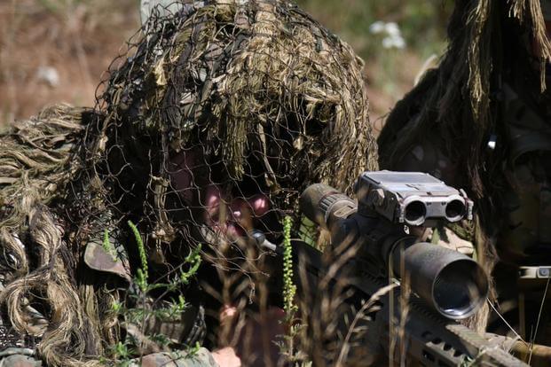 Two U.S. Army paratroopers assigned to Bravo Company, 173rd Brigade Support Battalion, 173rd Infantry Brigade Combat Team, fire an M110 Semi-Automatic Sniper System during a live-fire exercise as a part of Eagle Ace 2025, a multinational training exercise designed to enhance interoperability and readiness among NATO allies and partners. (U.S. Army photo by Elena Baladelli).