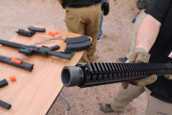CMMG Inc. updated its Mk47 Mutant line that blends AR15 and AK47 designs with shorter barrels and a new Krink muzzle device designed to reduce recoil and redirect blast. (Photo by Brendan McGarry/Military.com)