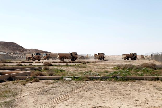 The Iraqi 7th Army Division drive their newly acquired light medium tactical vehicles at Al Asad Air Base, Iraq, on Feb. 13, 2016. (Photo by Sgt. Joshua E. Powell/U.S. Army)