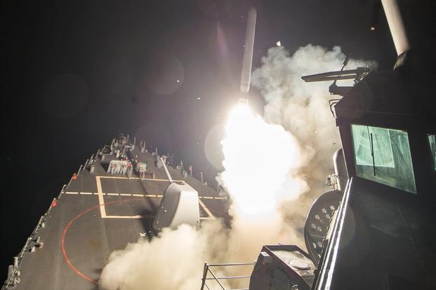 The U.S. Navy launched a total of 59 Tomahawk cruise missiles against a Syrian airfield around 4:40 a.m. April 7 (local time) in response to the Syrian government's chemical weapons attack against civilians. (U.S. Defense Department photo)