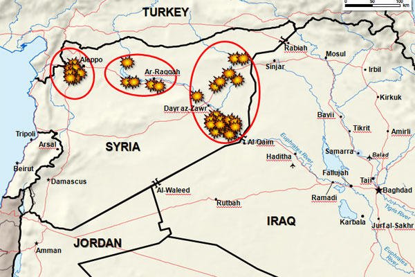 Map provided by the Pentagon of September 23, 2014 airstikes against ISIL in Syria and Iraq.