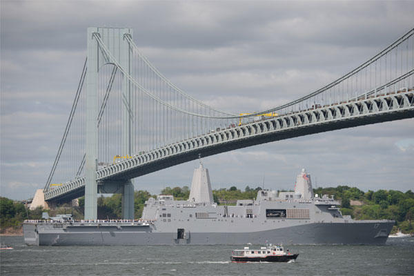 The amphibious transport dock ship USS San Antonio (LPD 17) enters New York harbor during the Parade of Ships to start Fleet Week New York 2015. (U.S. Navy photo by Mass Communication Specialist 2nd Class Abe McNatt/Released)