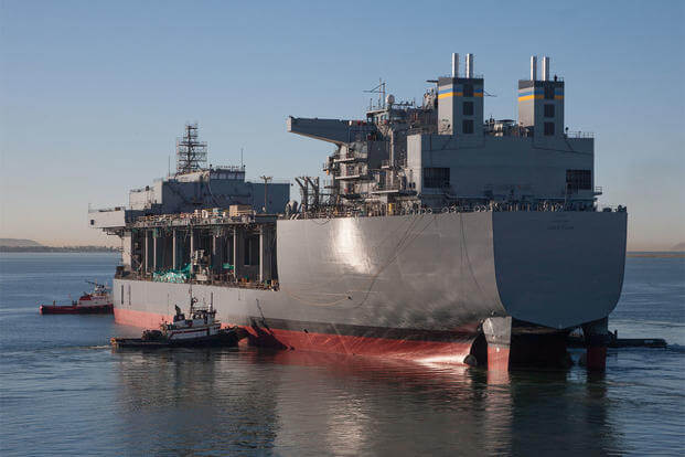 The mobile landing platform Lewis B. Puller (T-MLP-3/T-AFSB-1) successfully completed launch and float-off at the General Dynamics National Steel and Shipbuilding Co. (NASSCO) shipyard. (Photo courtesy of NASSCO)