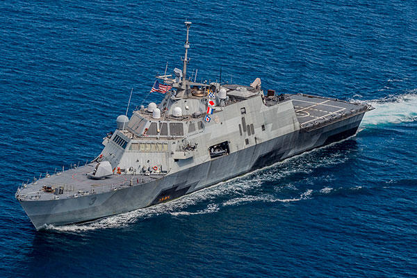 The littoral combat ship USS Fort Worth (LCS 3) transits in formation with ships from the Royal Malaysian Navy. (U.S. Navy/Mass Communication Specialist 2nd Class Joe Bishop)