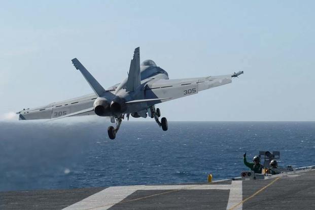 An F/A-18E Super Hornet assigned to the "Blue Diamonds" of Strike Fighter Squadron (VFA) 146 launches from the aircraft carrier USS Nimitz (CVN 68), in the Pacific Ocean on March 22, 2017. (U.S. Navy/Leon Wong)