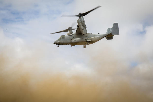 A U.S. Marine Corps MV-22 Osprey soars through the skies over Hokkaido, Japan, August 18, 2017, in support of Northern Viper 2017. (U.S. Marine Corps photo/Lance Cpl. Andy Martinez)