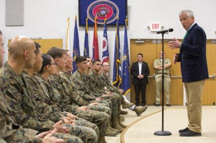 Secretary of Defense Chuck Hagel talks with Marines and sailors from II Marine Expeditionary Force aboard Marine Corps Base Camp Lejeune, Nov. 18, 2014. (Official Marine Corps photo by Cpl. Scott W. Whiting)