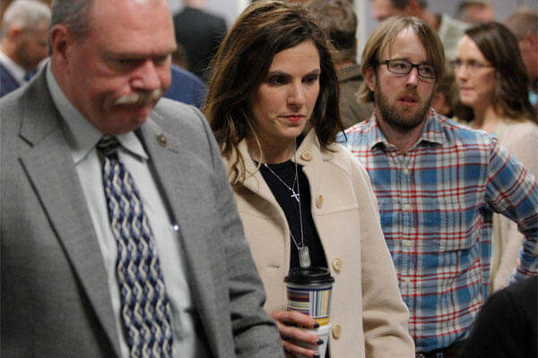 Taya Kyle, widow of Chris Kyle, leaves for a break during the capital murder trial of former Marine Cpl. Eddie Ray Routh at theErath County, Donald R. Jones Justice Center in Stephenville, Texas, Feb. 16, 2015.(AP Photo/Star-Telegram, Rodger Mallison)