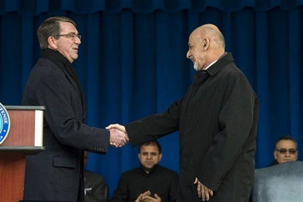 U.S. Defense Secretary Ash Carter  shakes hands with Afghan President Ashraf Ghani at the Pentagon, March 23, 2015. (DoD photo by U.S. Navy Petty Officer 2nd Class Sean Hurt)