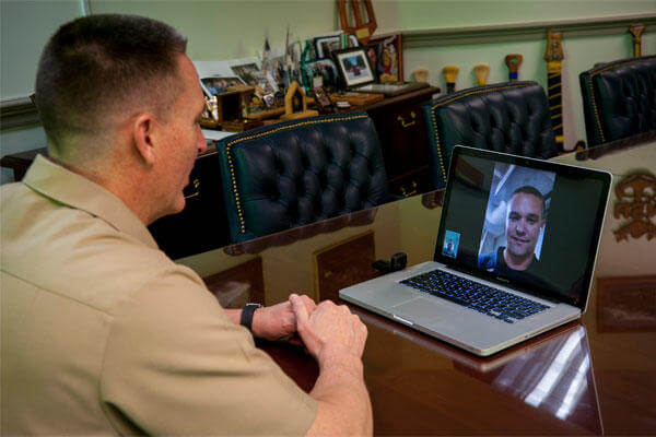 Master Chief Petty Officer of the Navy (MCPON) Mike Stevens video chats with Sailors aboard the littoral combat ship USS Fort Worth (LCS) 3. (U.S. Navy photo by Mass Communication Specialist 1st Class Martin L. Carey)