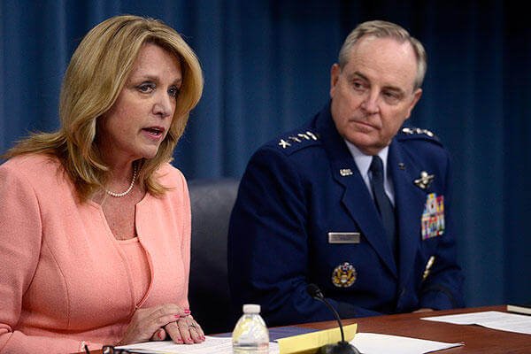 Secretary of the Air Force Deborah Lee James provides an update with Air Force Chief of Staff Gen. Mark A. Welsh III on current Air Force operations during a press briefing in the Pentagon, Aug. 24, 2015. (U.S. Air Force photo/Scott M. Ash)