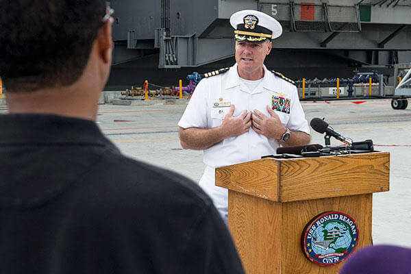 Capt. Christopher Bolt, commanding officer of the Nimitz-class aircraft carrier USS Ronald Reagan. (U.S. Navy/MC 3rd Class Ryan McFarlane)