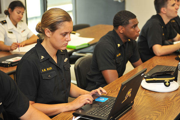 Midshipman 1st Class Anna Wade attends class at the U.S. Naval Academy. Wade is a prior enlisted Sailor accepted into the academy while on active duty. (U.S. Navy/David S. Tucker)