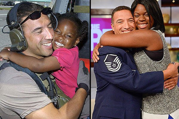 Left: Then-Staff Sgt. Mike Maroney embraces 3-year-old LeShay Brown after rescuing her from a rooftop after Hurricane Katrina. Right: Maroney and 13-year-old Brown reunite. (U.S. Air Force /A1C Veronica Pierce/Warner Brothers/Erica Parise)