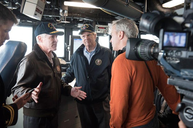 Secretary of the Navy Ray Mabus and Secretary of Agriculture Tom Vilsack speak to media aboard the guided-missile destroyer USS William P. Lawrence. (Photo: Mass Communication Specialist 2nd Class Armando Gonzales)