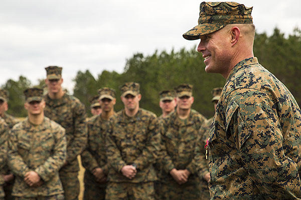Staff Sgt. Nathan A. Hervey, an instructor with the Advanced Infantry Training Battalion at the School of Infantry-East, speaks to Marines at Marine Corps Base Camp Lejeune, North Carolina. (U.S. Marine Corps/Cpl. Fatmeh Saad)