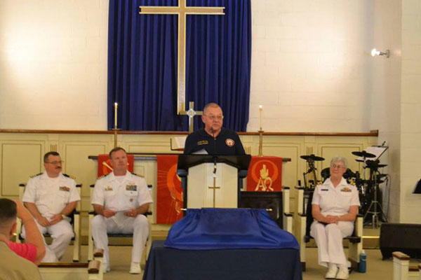 Retired Navy Lt. Cmdr. Jim Smith, who survived the June 8, 1967 attack on the USS Liberty by Israeli forces spoke last month at Naval Station Norfolk, where a Carillion bells system was rededicated to the ship at the base chapel. Navy photo via Facebook. 