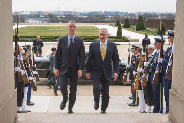 Defense Secretary Jim Mattis, right, walks with NATO Secretary General Jens Stoltenberg before a meeting at the Pentagon, March 21, 2017. (DoD photo/Army Sgt. Amber I. Smith)