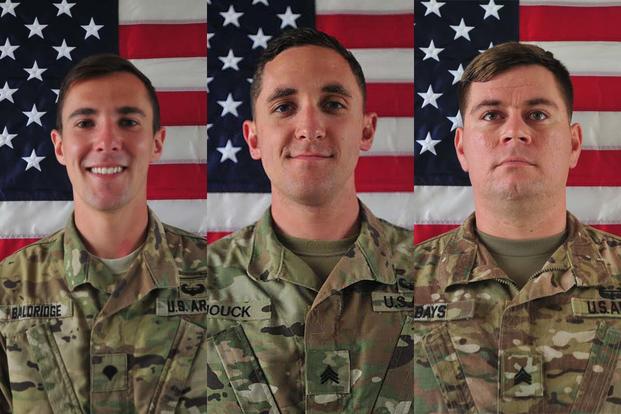 From left, Cpl. Dillon C. Baldridge, 22, Sgt. Eric M. Houck, 25, and Sgt. William M. Bays, 29. All three were killed in an insider attack in Afghanistan on June 10, 2017. (Army Photos)