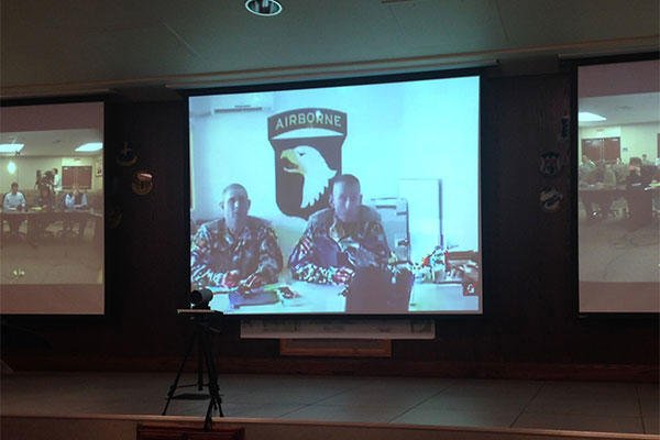Caption: Maj. Gen. Gary Volesky, commander of the 101st Airborne Division (right) and Col. Brain DeSantis, a Division spokesman (left) conduct a Nov. 13 video teleconference in Liberia with reporters at Fort Campbell, Ky. 